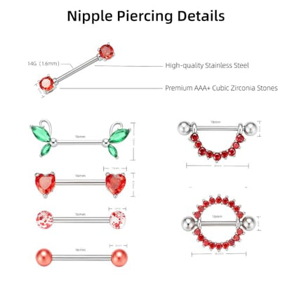 G&O JFU 7 Pairs 14G Nipple Rings Set – Stainless Steel Straight Barbell with CZ Stones, Gold Plated & Silver Tone, Butterfly Back Pink Nipple Piercing Jewelry for Women - color: Silver Red Nipple Piercing Jewelry