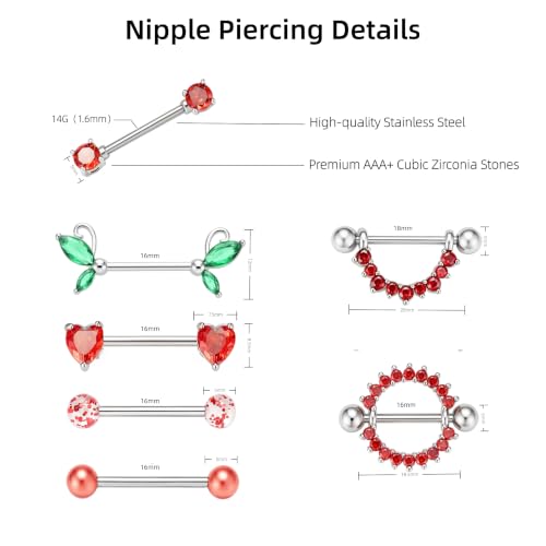 G&O JFU 7 Pairs 14G Nipple Rings Set – Stainless Steel Straight Barbell with CZ Stones, Gold Plated & Silver Tone, Butterfly Back Pink Nipple Piercing Jewelry for Women - color: Silver Red Nipple Piercing Jewelry