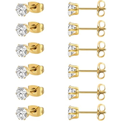MDFUN 6 Pairs Stud Earrings Sets 3-8MM 18K Gold Plated Round 5A+ Cubic Zirconia Earrings Hypoallergenic CZ 6 Prong Ears Jewelry for Women - color: 6MM-Yellow Gold