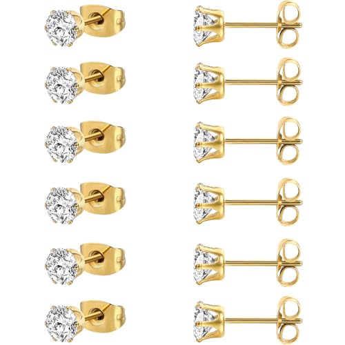 MDFUN 6 Pairs Stud Earrings Sets 3-8MM 18K Gold Plated Round 5A+ Cubic Zirconia Earrings Hypoallergenic CZ 6 Prong Ears Jewelry for Women - color: 6MM-Yellow Gold