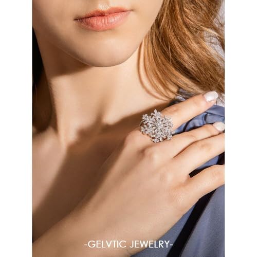 Cocktail Rings Silver Rose Flower Ring for Women Adjustable 18K Gold Plated Snowflake Open Wrap Wedding Statement Valentine Gift for Lover Wife Christmas - style: JZ06 Flower Ring-Rose