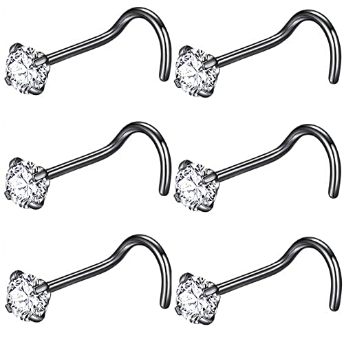 316L Surgical Steel 22g/20g/18g Nose Rings Studs L-Shape Nose Nostrial Piercing Body Jewerly L Shaped Nose Studs 1.5mm 2mm 2.5mm 3mm CZ Nose Screw Studs Rings for Women - style: 6pcs/Screw20g/4.0mm Clear CZ/Black