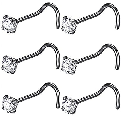 316L Surgical Steel 22g/20g/18g Nose Rings Studs L-Shape Nose Nostrial Piercing Body Jewerly L Shaped Nose Studs 1.5mm 2mm 2.5mm 3mm CZ Nose Screw Studs Rings for Women - style: 6pcs/Screw20g/4.0mm Clear CZ/Black