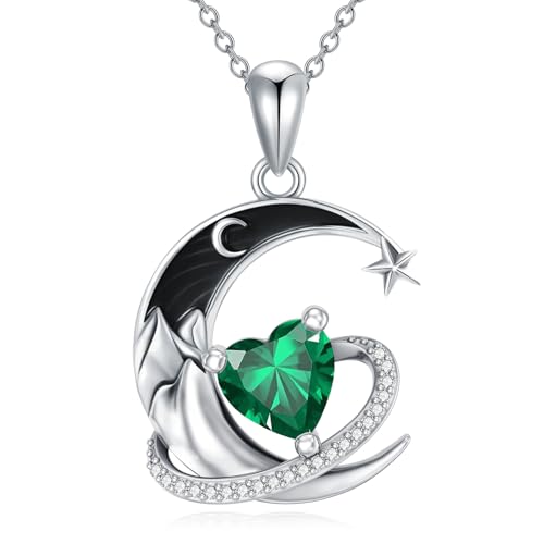 I Love You to the Moon and Back Necklace 925 Sterling Silver Black Crescent Moon Star Pendant with Heart Birthstone Necklace Anniversary Gothic Jewelry Gifts for Women Wife Lovers - color: 05-May-Emerald