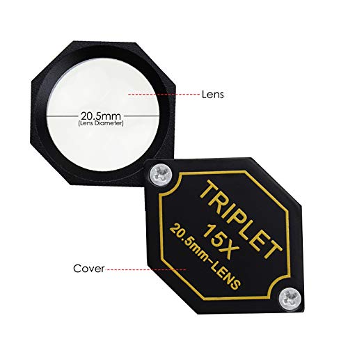 15x Magnifier Jewelry Loupe 20.5mm Triplet Lens Optical Glass Pocket Gem Magnifying Tool for Jeweler, Stamp Philatelist, Coin Numismatic, Achromatic Black Hexagonal Design Kit Set