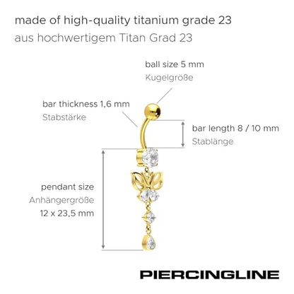PIERCINGLINE titanium belly button piercing with internal thread, crystal butterfly - belly button ring gold, silver, rosegold piercing - color: Gold-colored