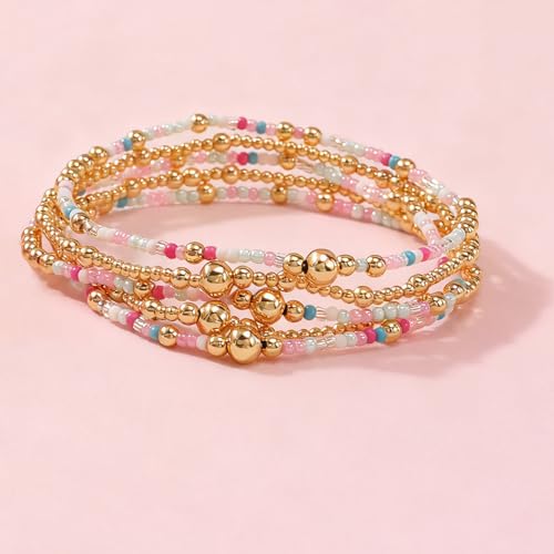 Colorful Gold Plated Stackable Ball Seed Beaded Bracelets Set For Women, Boho Handmade Romantic Stretch Accessories Jewelry, Daily Wear Holiday Party Friendship Gift - color: White Rice