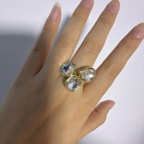 Geometric Crystal Statement Ring for Women Stainless Steel Adjustable Open Bezel Square Teardrop Austrian CZ Princess Cut Wedding Promise Finger Rings Comfort Fit Stacking Band Dainty Jewelry Art Deco - color: Clear Cz