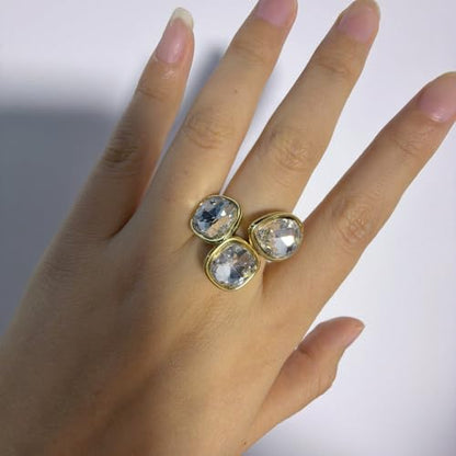 Geometric Crystal Statement Ring for Women Stainless Steel Adjustable Open Bezel Square Teardrop Austrian CZ Princess Cut Wedding Promise Finger Rings Comfort Fit Stacking Band Dainty Jewelry Art Deco - color: Clear Cz