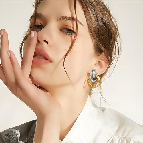 Gold Chunky Earrings for Women Geometric Knot Link Drop Dangle Earrings 14K Gold Plated Statement Earrings Trendy Gold Jewelry - color: Style 5-Two Tone