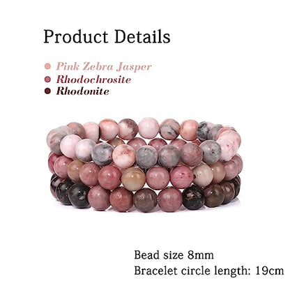 3 PCS Healing Crystal Bracelets for Women 8mm Natural Stone Beaded Stretch Bracelet Amethyst Jewelry Gifts - color: 02 8mm Pink Zebra Jasper