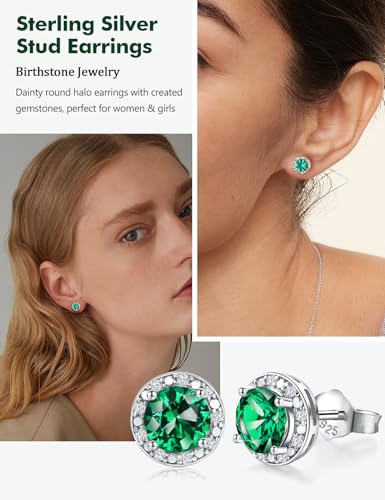 Dainty Birthstone Earrings for Women Sterling Silver Small Stud Earrings with Halo Cushion/Round Created Gemstone Earrings Birthstone Jewelry - style: B 05. May/created emerald-round cut