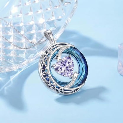 Birthstone Necklace for Women Crystal Moon and Star Pendant White Gold Celtic Moon Jewelry Birthday Graduation Gifts for Wife Her - style: Moon-6