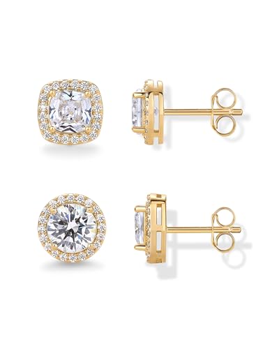 PAVOI 14K Gold Plated 925 Sterling Silver Post Brilliant Round Faux Diamond Halo Earrings - Premium Cubic Zirconia - style: Round & Cushion Set