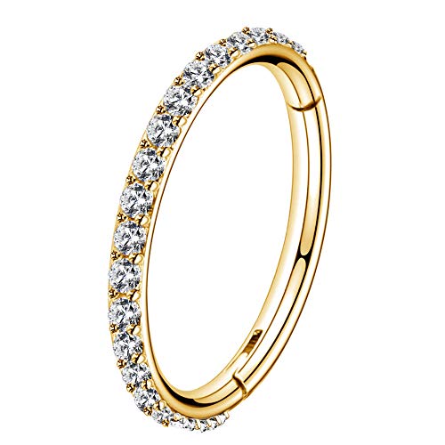 OUFER Gold Hinged Segment Earring Hoop 16G Stainless Steel with Cartilage Earrings Clear CZ Paved Tragus Helix Earrings Cartilage Earring Septum Nose Ring Hoop - color: Gold Plated-8mm diameter