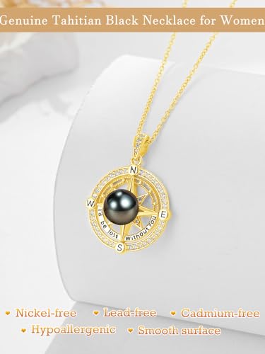 AAAAA Tahitian Black Pearl Compass Necklace For Women,925 Silver Jewelry,Valentines Wedding Anniversary Birthday Gifts for Her Wife Mom Daughter Grandma Sister