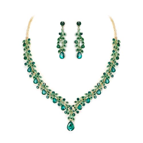 Bridal Jewelry Set for Women, Elegant Gorgeous Crystal Teardrop Wedding Leaf Necklace Earrings for Brides Bridesmaids Prom Formal Evening Party Jewelry Gifts - color: Emerald Color Gold-Tone