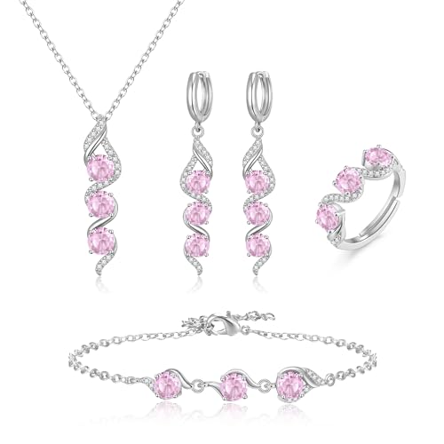 Crysdue Wedding Bridal Teardrop CZ Pendant Necklace Open Ring Dangle Earrings Adjustable Slider Bracelet Jewelry Set, Birthday Mothers Day Christmas Jewellery Gift for Women/Mom/Wife - style: 04-4pcs-Pink CZ