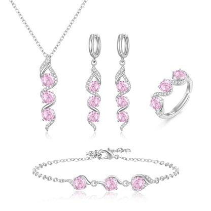 Crysdue Wedding Bridal Teardrop CZ Pendant Necklace Open Ring Dangle Earrings Adjustable Slider Bracelet Jewelry Set, Birthday Mothers Day Christmas Jewellery Gift for Women/Mom/Wife - style: 04-4pcs-Pink CZ