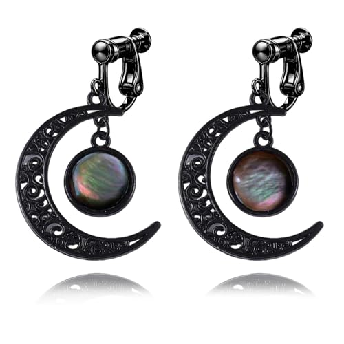Gothic Moon Clip On Earrings for Women Black Filigree Dangle Moon Earrings Halloween Witch Earring Colorful Crystal Vampire Earring Accessories Halloween Jewelry Gifts - color: Colorful
