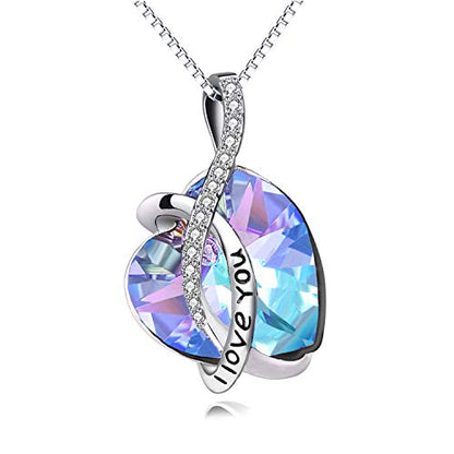 AOBOCO I Love You Sterling Silver 12 Birthstone Heart Pendant Necklace Embellished with Crystals from Austria, Mother's Day Anniversary Birthday Jewelry Christmas Gifts for Women Grandma Nana - color: B - Blue-purple