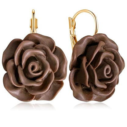 Handmade Bohemian Aesthetic Dainty Acrylic Flower Petal Leverback Earrings Sparkly 14K Gold Floral Dangle Drop Earrings for Women - color: Brown