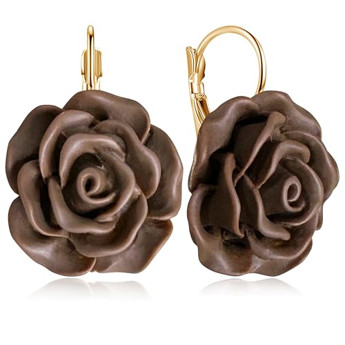 Handmade Bohemian Aesthetic Dainty Acrylic Flower Petal Leverback Earrings Sparkly 14K Gold Floral Dangle Drop Earrings for Women - color: Brown
