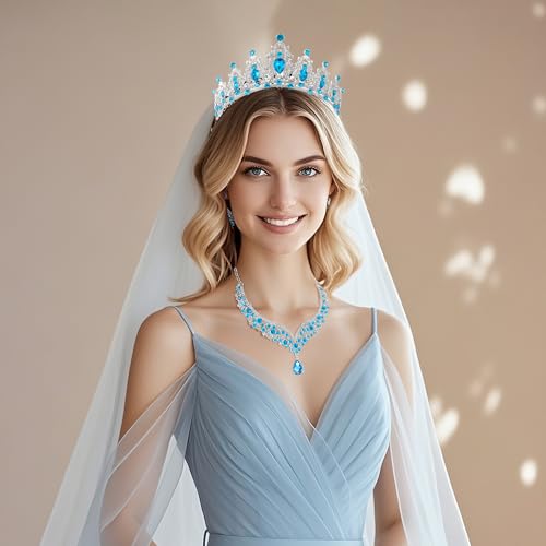 Crowns and Tiaras jewelry sets for Wedding princess birthday party Halloween Prom Pageant Jewelry for Women Crystal Bridal Jewelry Set for women - color: Silver lack bule