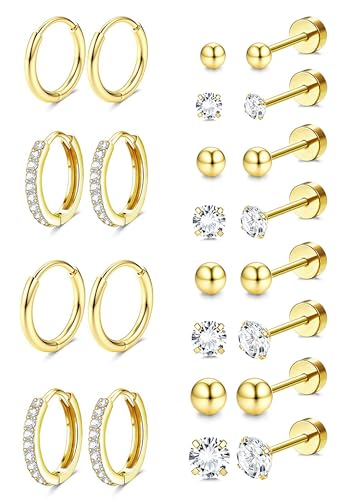 Jstyle Hypoallergenic Earrings for Sensitive Ears, Comfortable Flat Back Earrings for Sleeping, Surgical Steel Cartilage Earring Stacks for Multiple Piercing 14K Gold Plated Nickel-Free Jewelry - color: 14K Gold Plated - CZ