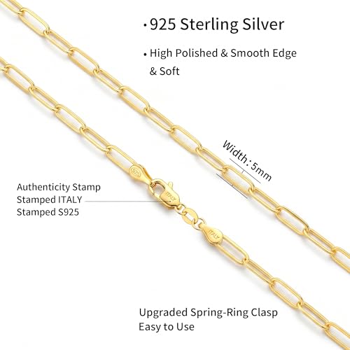 S925 Sterling Silver Necklace for Women, 5mm Sterling Silver Paperclip Chain Necklace Thick Sturdy Colourfast Necklaces Jewelry for Women 16/18/20/22 Inch - color: Gold