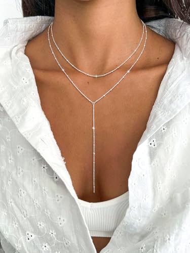CHESKY Lariat Necklace for Women，14k Gold/Sliver Plated Layered Necklace | Gold/Sliver Long Necklace，Dainty Cross Pendant, Wedding Y-Shaped Drop Chain, Waterproof Jewelry Gift for Women Everyday Wear - style: SquareBead