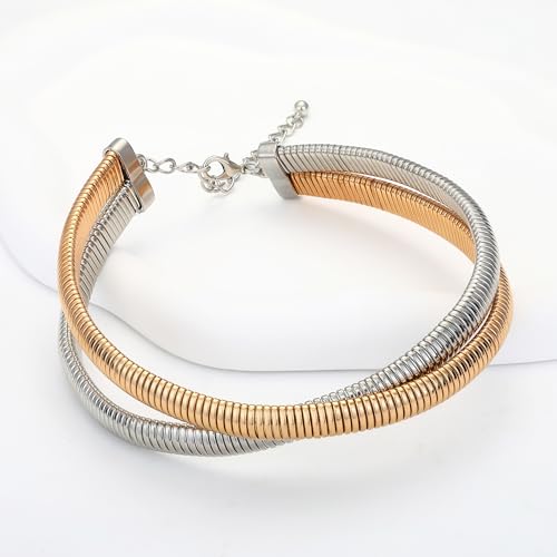 Chunky Gold Choker Necklace for Women, 14K Gold Plated Snake Chain Statement Necklace Triple Twsited Layered Choker Necklaces Jewelry Gifts - style: 2 LAYER/14K GOLD&SILVER