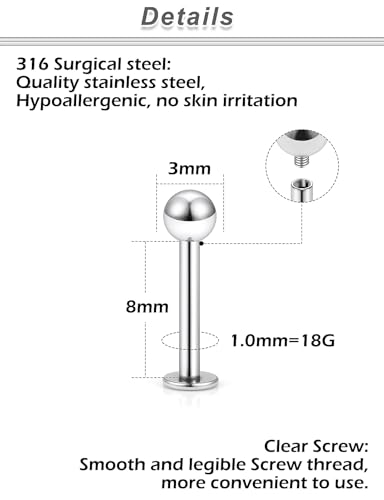 20G 18G 16G 14G 12G Lip Labret Monroe Medusa Nose Rings Stud 316L Surgical Steel Tragus Helix Cartilage Earring Tongue Cheek Piercing Jewelry Bars 6mm 8mm 10mm 12mm 14mm 16mm 19mm 18PCS - color: Silver, size: 18G - 8mm