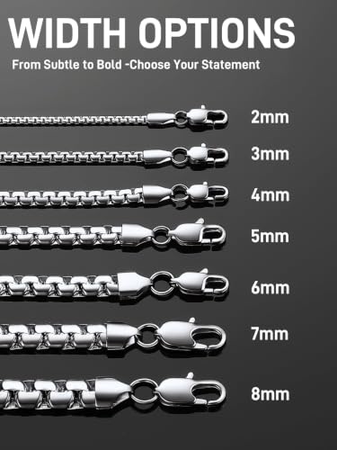 ChainsPro Stainless Steel Chains for Pendants, Flat Box Chain for Mens | Hypoallergenic Unisex Box Chain, Daily Wear Essential Necklaces for Pendant, Black/Silver/Gold Plated, Waterproof, No Tarnish - color: Silver Plated
