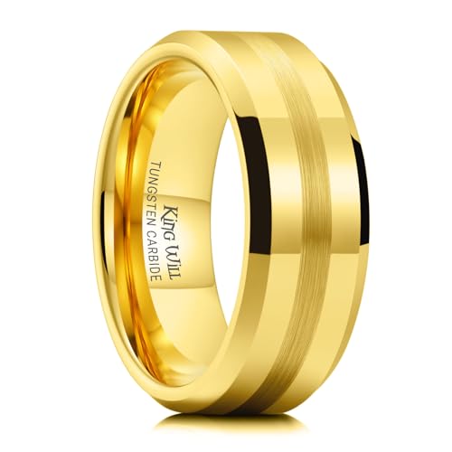 King Will Classic Tungsten Carbide Ring Brushed Two Grooved Center Hammered Design Mens Wedding Band for Men | Black/Silver/Gold, 8mm, Men's Wedding Band, Grooved, Comfort Fit, Everyday Wear - color: A-Gold 8mm