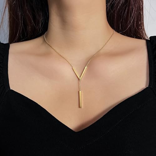 Simple Gold Bar Necklace for Women,Dainty Long Chain Lariat Necklaces Trendy Silver Statement Y Necklace,Charm Everyday Jewelry Accessories Gifts - color: Gold