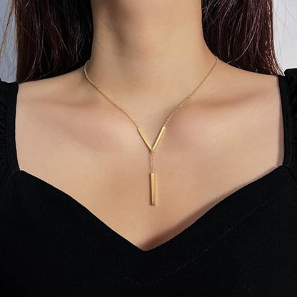 Simple Gold Bar Necklace for Women,Dainty Long Chain Lariat Necklaces Trendy Silver Statement Y Necklace,Charm Everyday Jewelry Accessories Gifts - color: Gold