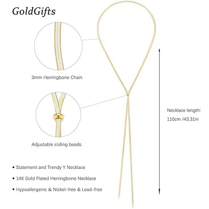 Chunky Long Y Necklace for Women, Waterproof Herringbone Drop Dangle Necklace, Adjustable Lightweight Trendy Fashion Slip Tie Necklace, Thin Layered Choker Chest Chain - color: Gold