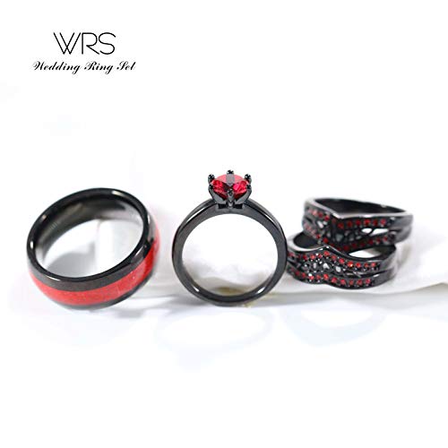Two Rings His Hers Wedding Ring Sets Couples Matching Rings Women's 2pc Black Gold Plated Red CZ Wedding Engagement Ring Bridal Sets Men's Tungsten Carbide Band Wedding Band - color: Red, size: women's size 8 & men's size 11