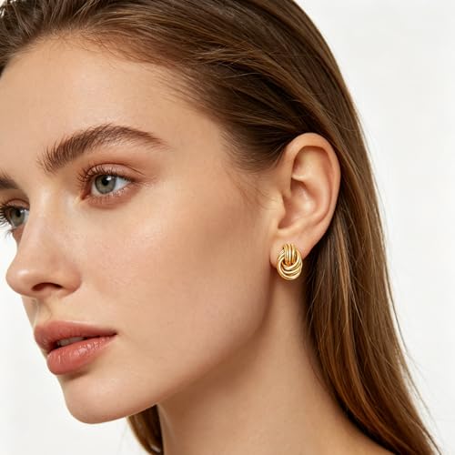 Gold Statement Earrings For Women, 14K Gold Plated Textured Geometric Drop Earrings - Hypoallergenic Stainless Steel Statement Earrings for Women, Waterproof Fan-Shaped Dangle Earrings for Beach & Daily Wear - color: Knot Gold YE03GL