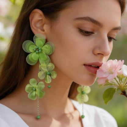 Flower Earrings for Women Long Fabric Flower Tassel Earrings Bohemian Handmade Floral Statement Earring Wedding Prom Jewelry Gifts - color: A7:green