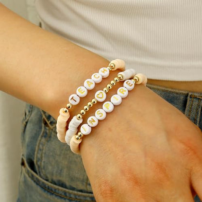 Elegance 11 designs Heishi Beaded Bracelets For Women Polymer Clay Colorful Surfer Stackable Beads Boho Bracelet Summer Beach Jewelry - color: Teacher-Pink