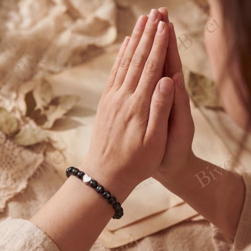 Bivei Crystal Stretch 6mm Bracelets for Women | Handmade Natural Stone Beaded Stretch Bracelet, Stainless Steel Heart Bead, Tranquility Yoga Gift Jewelry for Women - color: Black Tourmaline - Protective