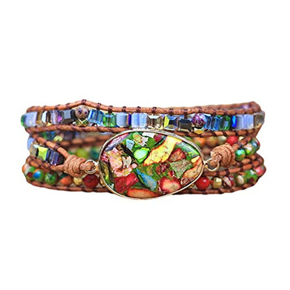 Women Wrap Bracelet Boho Natural Jasper Crystal Stone Beads Strand Bracelets - color: Style 03-Colored turquoise