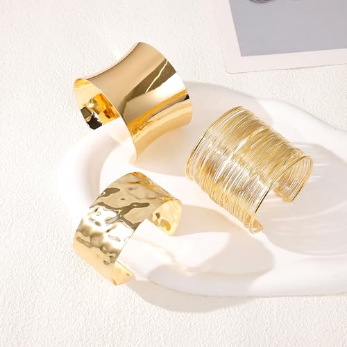 3PCS Chunky Cuff Bracelets for Women Irregular Minimalist Statement Bangle Bracelets Set Open Wide Wire Grooved Hammered Bangle Bracelet Gold Sliver Wrist Cuff Wrap Bracelet Adjustable - color: Gold Cuff Bracelets A