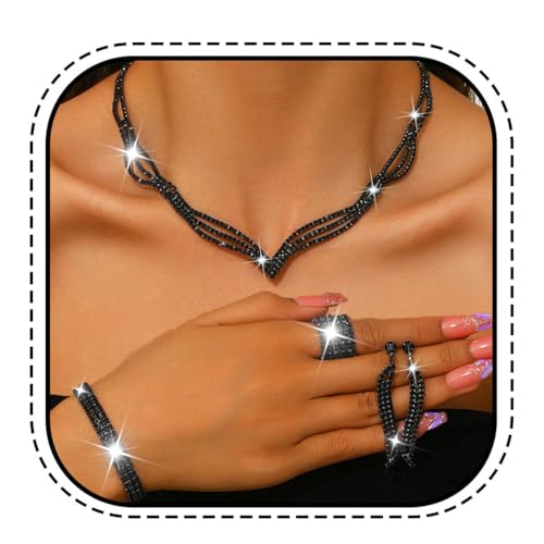 Rhinestone Bridal Wedding Jewelry Sets Black Necklace Earrings Bracelet Ring Set Prom Formal Costume Jewelry Set for Women and Brides - color: Black