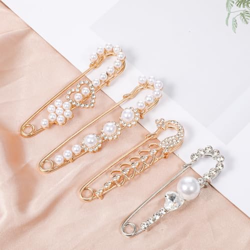 4 PCS Pearl Safety Pins and Brooches for Women | Decorative Safety Pins for Clothes Pearl Brooch Pin Sweater Shawl Clip Crystal Brooches for Clothes Dress Shirt Pants