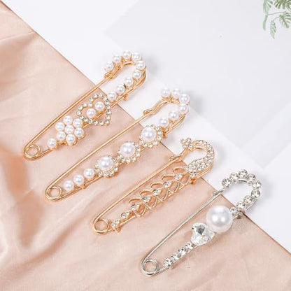 4 PCS Pearl Safety Pins and Brooches for Women | Decorative Safety Pins for Clothes Pearl Brooch Pin Sweater Shawl Clip Crystal Brooches for Clothes Dress Shirt Pants