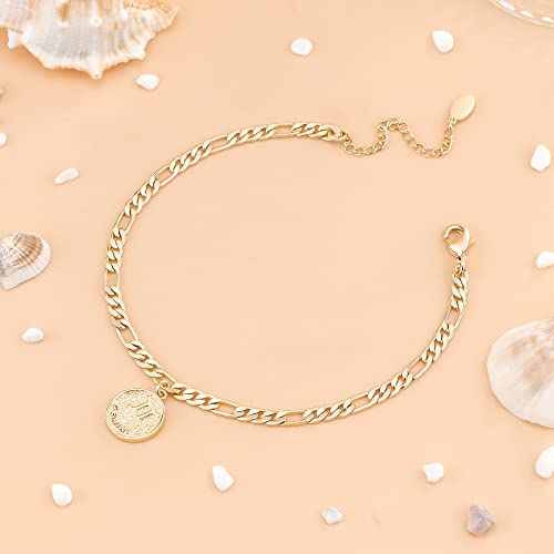 Anklets for Women Dainty Zodiac Constellation Anklet Zodiac Sign Disc Ankle Bracelet 14k Gold-Plated Anklets for Women - color: Gemini (May.21—Jun.21)