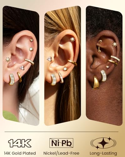 Nunpag 9 Pairs Hypoallergenic 14K Gold Plated Flat Back Earrings for Women Studs Earring Opal Ball Triangular Sun CZ Stones Hoop Earrings Stainless Steel Jewelry Gift for Sensitive Ears - color: 9Pcs-Gold